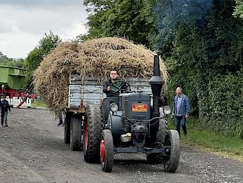 Stilvoll holte der Lanz das zu dreschende Getreide ab,